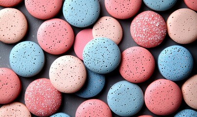 Colorful round cookies with speckled designs arranged in a pattern