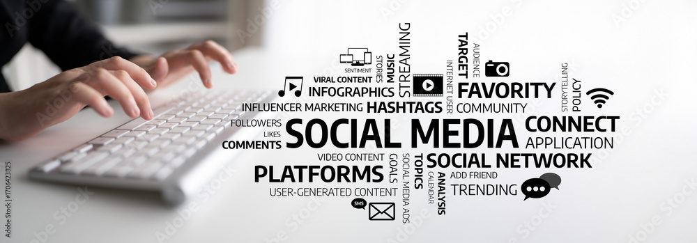 Poster exploring the impact of social media on modern communication and networking with a focus on engageme