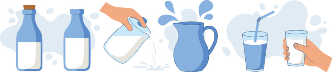 Milk pouring and serving illustration, bottles, pitcher, glass, hand holding, liquid motion, dairy concept, vector art, food process, template