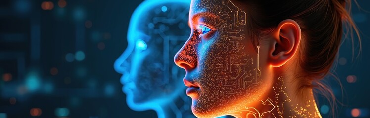 Digital visualization of deepfakes. AI technology overlays intricate circuitry on human faces, creating hyper-realistic virtual masks. Explores themes of digital identity, privacy concerns, future