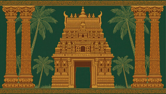 South Indian temple art with carved pillars, kolam motifs, and jasmine-adorned gopuram framed by coconut palms in ochre and green.