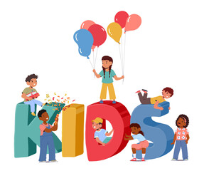 Funny preschool children having fun playing games together over huge colorful letters of kids zone