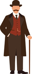 Vintage gentleman cartoon illustration, Victorian fashion character, formal attire with cane, historical style, Edwardian era, retro male costume design