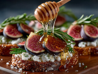 open-faced fig and prosciutto sandwich drizzled with honey