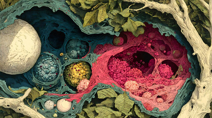 Skin biopsy pathology image showing different types of skin cancer detailed cellular illustration medical education and clinical reference