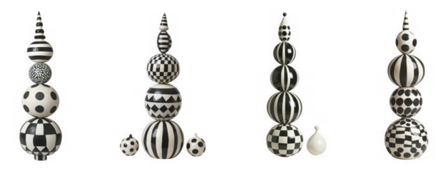 Collection of decorative finials with black and white patterns, isolated on transparent background