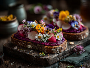 open-faced sandwich with roasted beet hummus