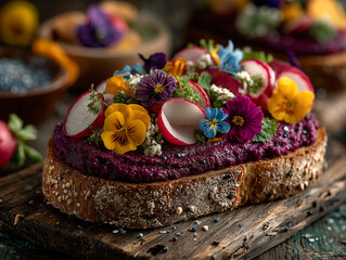 open-faced sandwich with roasted beet hummus