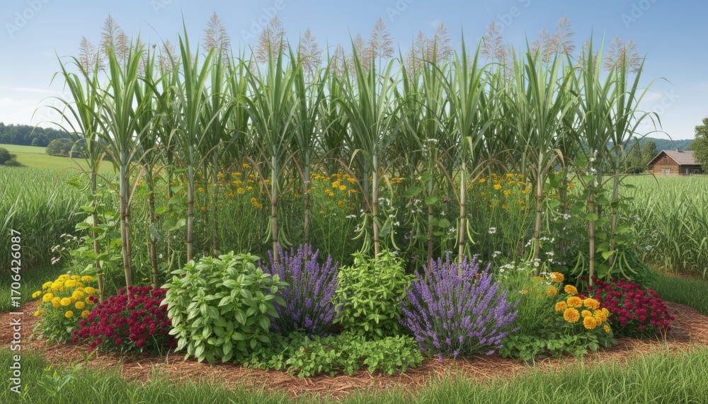 Poster medium shot displaying a mixed cropping system where sugarcane grows alongside complimentary plants 
