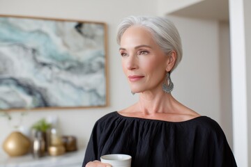 Woman in a black dress holding a cup