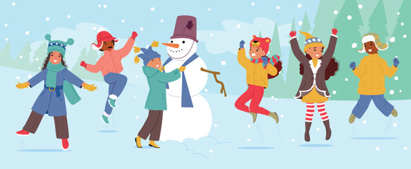 Happy overjoyed children wearing cute winter hats and warm clothes enjoying outdoor activities