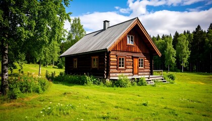Obraz premium Rustic log cabin nestled in a lush meadow
