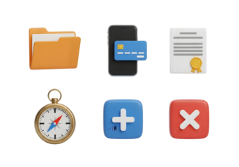 Collection of modern digital icons for user interface design includes folder credit card document compass plus and close symbols Tansparent Background