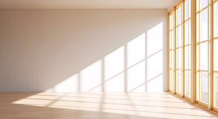 Obraz premium Sunlight streaming through large windows casting geometric shadows on a clean empty room floor