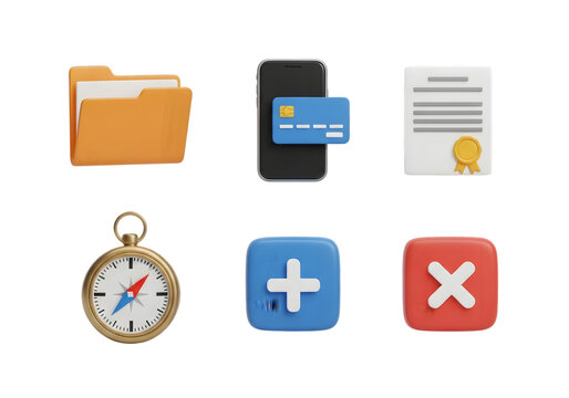 Collection of modern digital icons for user interface design includes folder credit card document compass plus and close symbols Tansparent Background