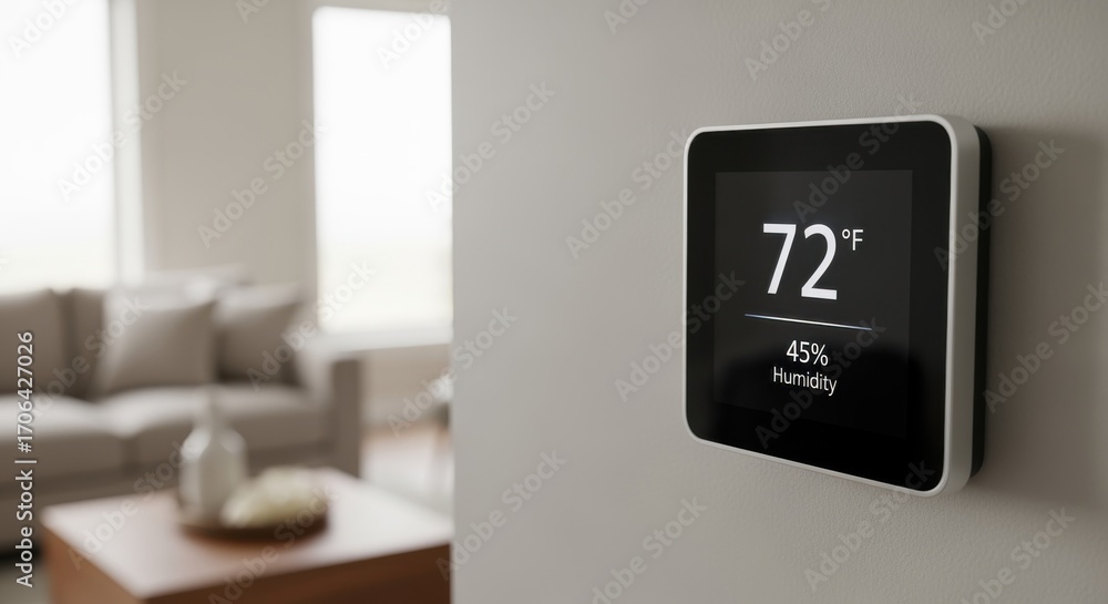 Poster medium shot of a smart thermostat mounted on a wall displaying current temperature and humidity sett