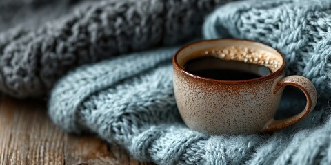 Cup of coffee is sitting on a blanket