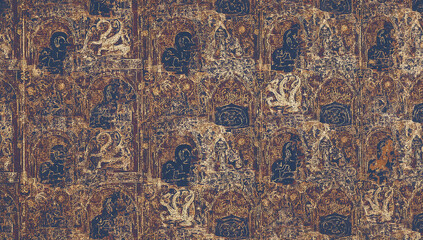 Byzantine art with mythical creatures, arched doorways, and gilded sun-adorned dome by a sapphire sea in royal purples and golds.