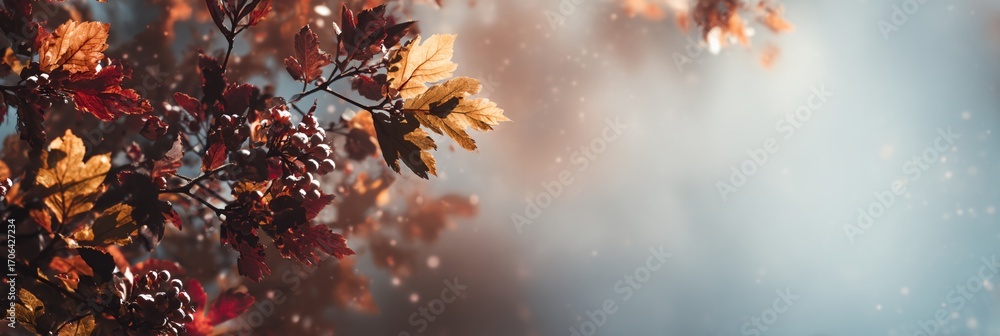 Poster leafy tree branch with snow on it
