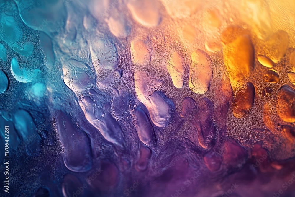 Poster abstract close-up of colorful water droplets on a surface, creating a vibrant and textured pattern.