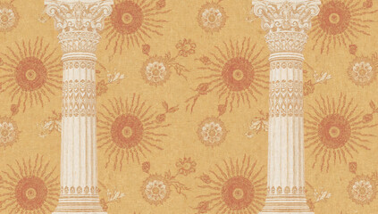 African Tribal art with gilded suns, arabesque motifs, and lotus-adorned columns on golden plains in soft pinks and creams.