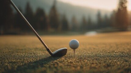 Golf club about to hit a golf ball on a lush green course during sunset