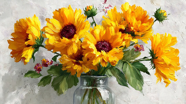 Vector art bouquet of sunflowers vibrant blooms gently illuminating white background cheerful bright composition for decorative or illustrative purposes