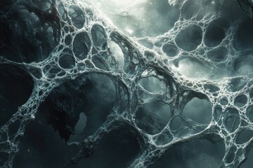 Abstract dark, cavernous landscape with intricate, web-like structures resembling a decaying organic form.
