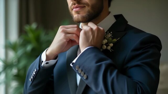 Groom adjusts his navy blue tuxedo shirt and bow tie.  Groom preparation includes adjusting collar and boutonniere. Elegant groom image for wedding invitations and announcements.