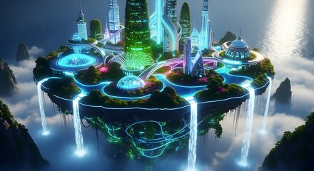 Floating island futuristic city neon lights waterfalls fantasy landscape utopia architecture design