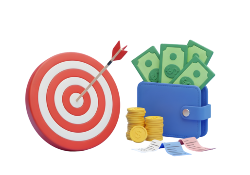 Red and white dartboard with bullseye achieved coin stacks and overflowing blue wallet symbolize financial success and goal achievement in business Tansparent Background