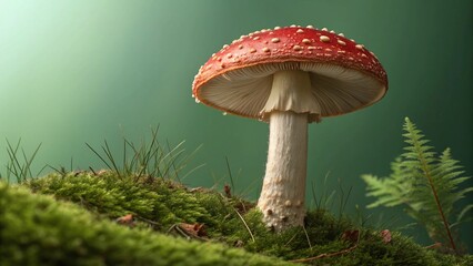 Enchanting fly agaric mushroom glistening amidst vibrant moss and fern foliage on a serene green backdrop