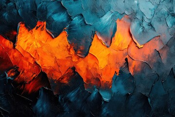 Fototapeta premium Abstract painting with vibrant orange and teal hues, thick impasto texture, creating a dynamic visual contrast.