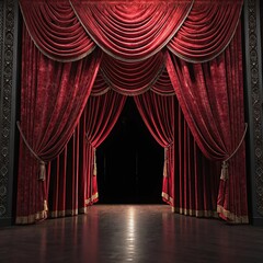 Elegant red velvet stage curtains create a dramatic entrance, perfect for theater or performance backdrops