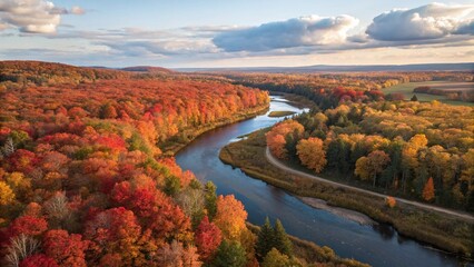 Stunning aerial view of vibrant autumn colors along winding river, perfect for travel and nature campaigns