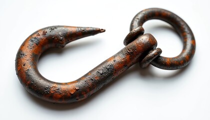 Obraz premium Rusty metal hook with aged texture on white background. Old iron object, rust-eaten detail, grunge, brown color. Chain ring link, horseshoe shape implies vintage use. Perfect for material concept,