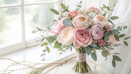 Romantic roses and peonies bouquet for weddings, celebrations, or elegant feminine designs near bright window