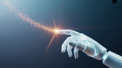 Digital Frontier: A robotic hand extends towards a radiant point of light, symbolizing the limitless potential of technology and the dawn of a new era.