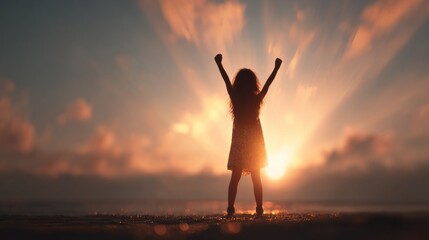 Fototapeta premium Silhouette of a young woman with raised arms at sunset, embracing freedom and success amidst a