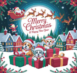 Three cute dogs wearing Santa hats peek out from behind Christmas presents in a snowy village scene with Santa in his sleigh