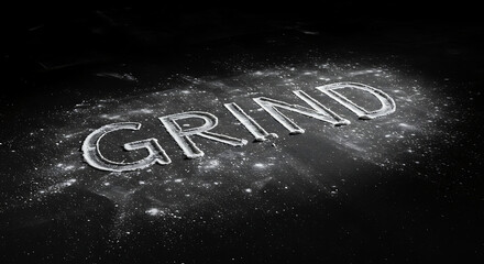 Crushed gym chalk scattered across a black floor with a single word “GRIND” spelled using chalk pieces, dramatic side lighting, symbol of persistence, no humans.