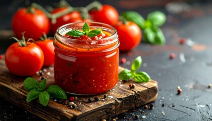 Jar of tomato sauce with fresh tomatoes and basil