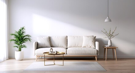 Modern living room with comfortable sofa decorative plants and minimalist furniture