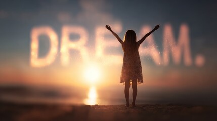 Silhouette of a girl with arms raised towards the sunset symbolizing dreams and hope