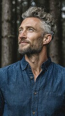 Obraz premium Portrait of a handsome middle-aged man with a beard gazing upward in nature.