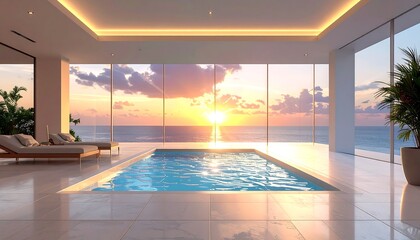 Fototapeta premium Modern penthouse with infinity pool, sunset view