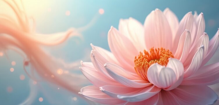 Soft pink lotus flower bloom, pastel blue sky backdrop. Dreamy ethereal atmosphere with floating coral swirls and bokeh lights. Gentle floral design, ideal for beauty, spa, and cosmetic backgrounds.