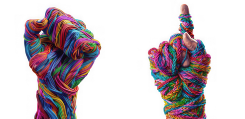 Two hands, one clenched fist and one pointing finger, wrapped in colorful yarn, isolated on transparent background