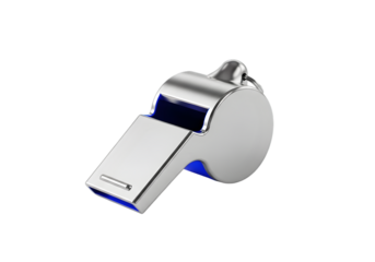 Close-up shot of a shiny metal sports whistle used by referees and coaches in sports for signaling and game management isolated against a dark backdrop Tansparent Background
