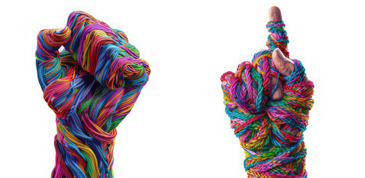 Two hands, one clenched fist and one pointing finger, wrapped in colorful yarn, isolated on transparent background